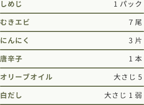 しめじ1パック　むきエビ７尾　にんにく3片　唐辛子1本　オリーブオイル大さじ5　白だし大さじ1弱